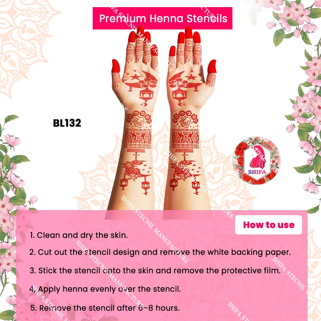BL132 Royal Blossom Lantern Elegance Double Hand Henna Stencil